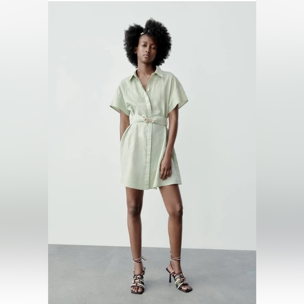 Zara light Mint Linen blend button down Mini Dress with Dolman Sleeves